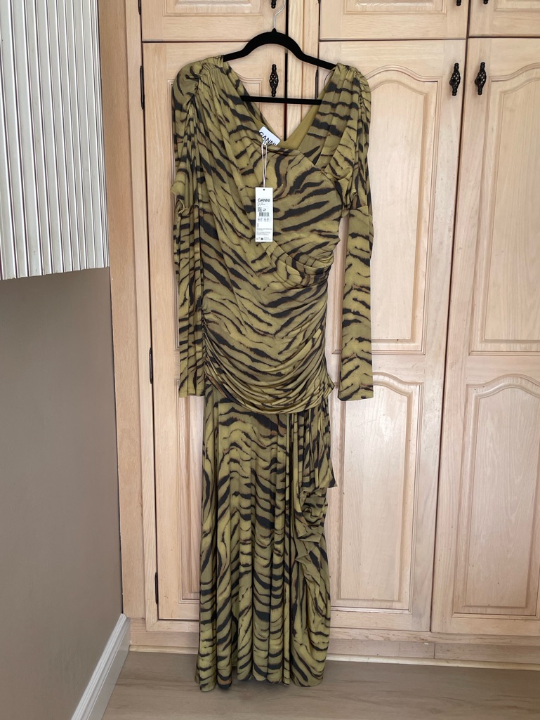 Nwt Ganni Olive And Black Zebra Long Sleeve Ruched Maxi Dress